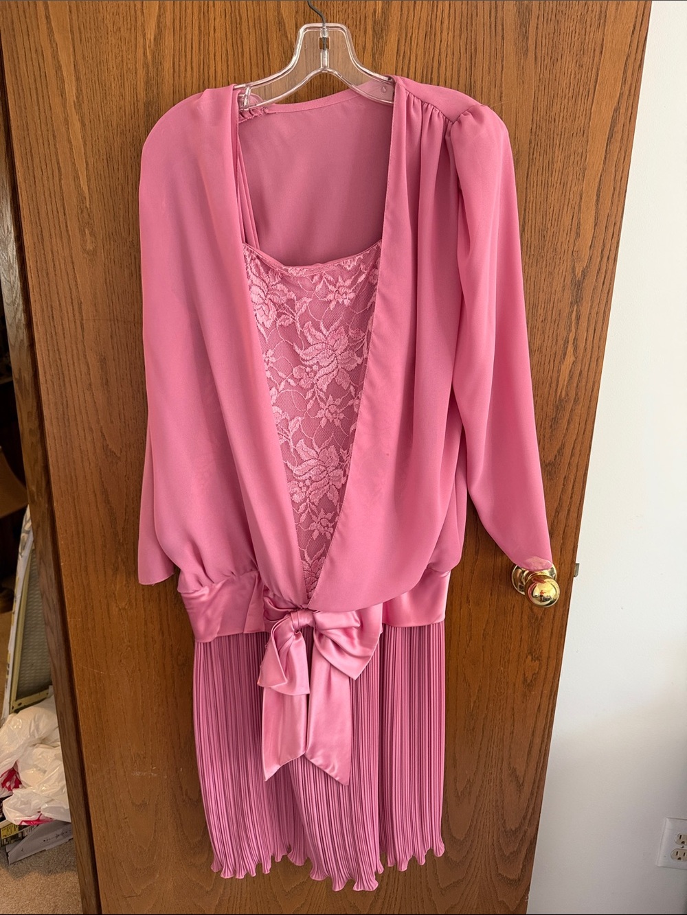 Pink Lace Bodice Tie-Waist Pleated Cocktail Dress